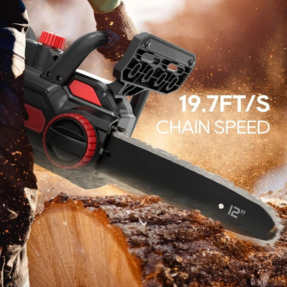 Cordless Chainsaw 12-Inch,18V Electric Chainsaw with 4Ah Battery and Fast Charger, Powerful Chain Saws with Double Safety Switch
