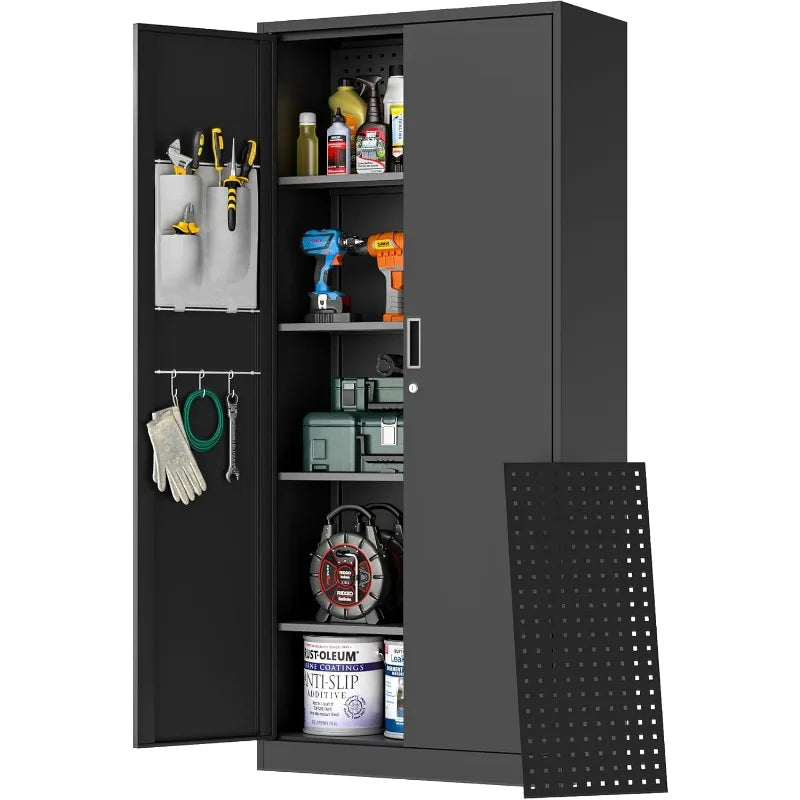 Big Metal Garage Storage Cabinet with Locking Doors, Lockable Heavy Duty Metal Tool Cabinet with Pegboard, Metal Utility Cabinet