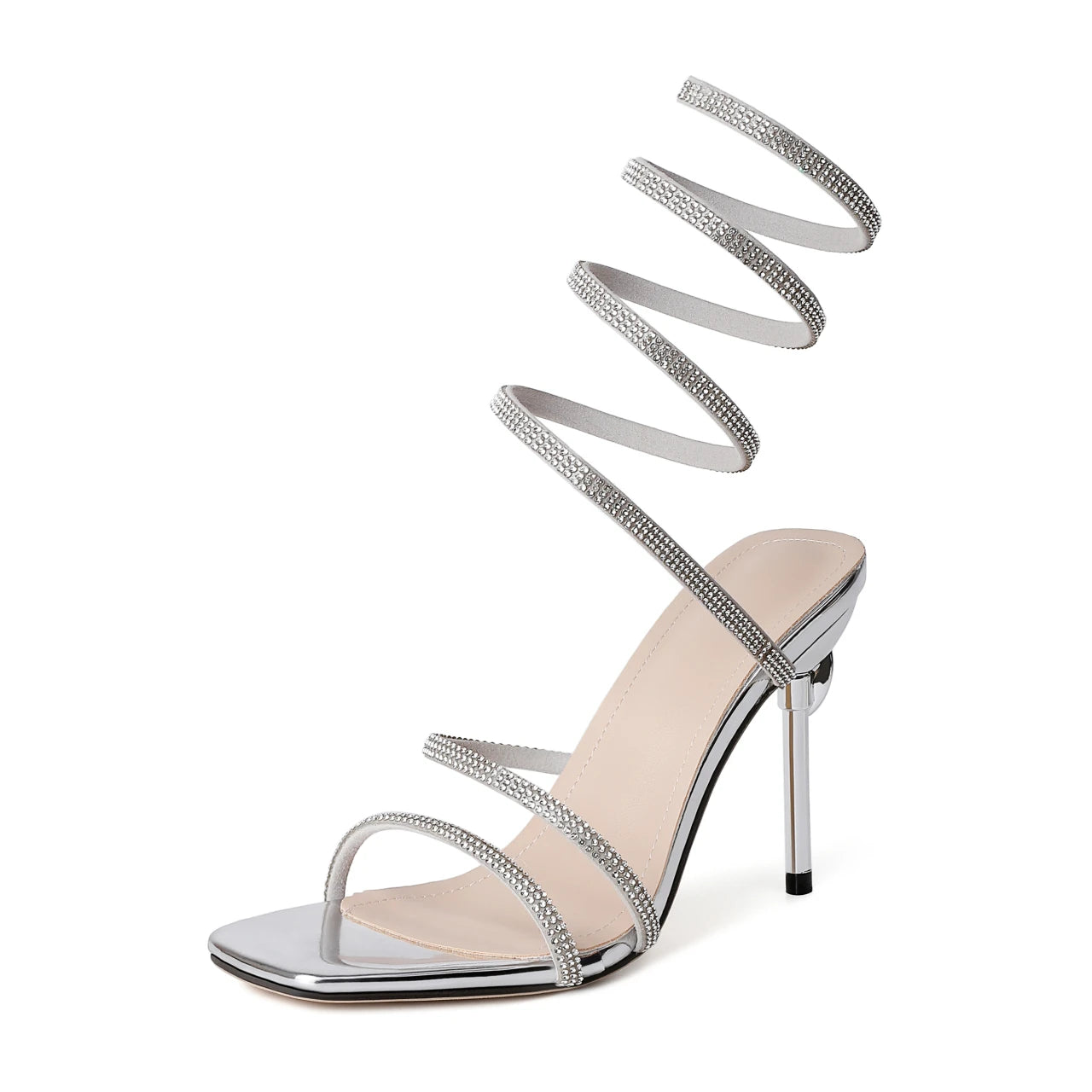 Ankle-Wrapped Two-Strap Stiletto Heel with Rhinestones and Snake-Shaped Open-Toe Sandals for Women
