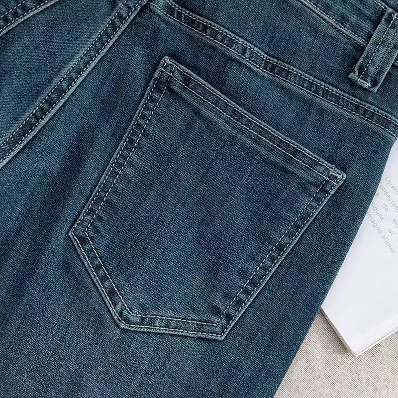 Dark Blue High Waist Drape Denim Wide Leg Pants Retro Pants Slim And Tall Stylish Straight Pants
