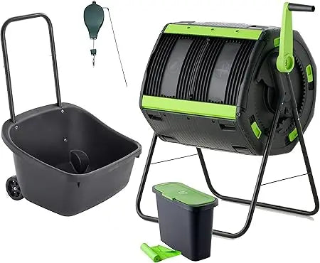 Exclusive Combo - 48 Gallon Compost Tumbler with Compost Cart, 9 Liter Compost bin, 3 Rolls of Corn Bags and Plant Caddy