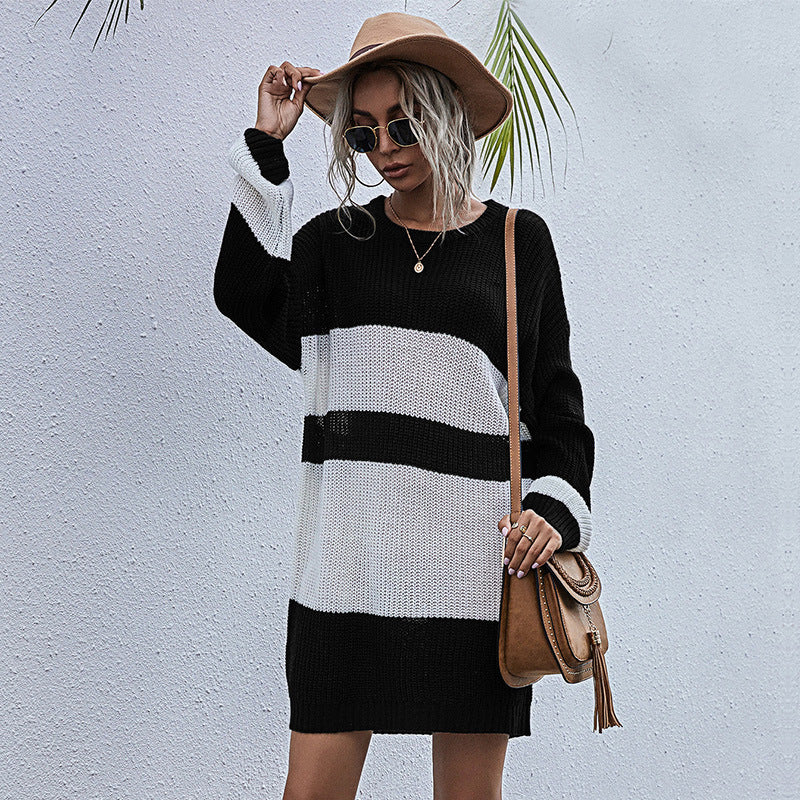 European And American Knitted Round Neck Stitching Striped Sweater Dress