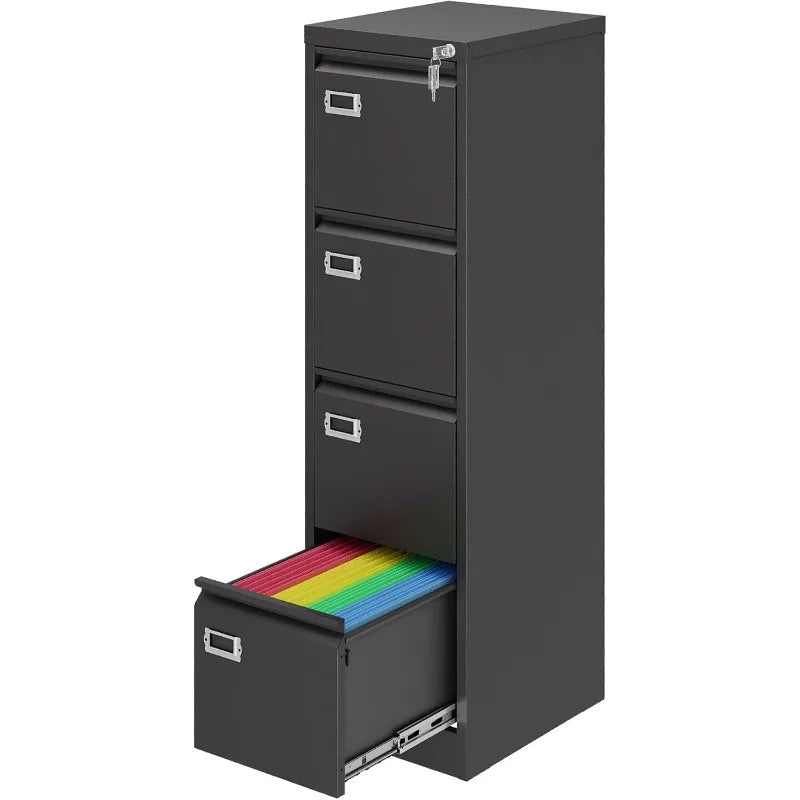 4 Drawer File Cabinet with Lock, Vertical Small Filing Cabinet Steel Lockable Storage Cabinets, 4 Drawer-15"W Black