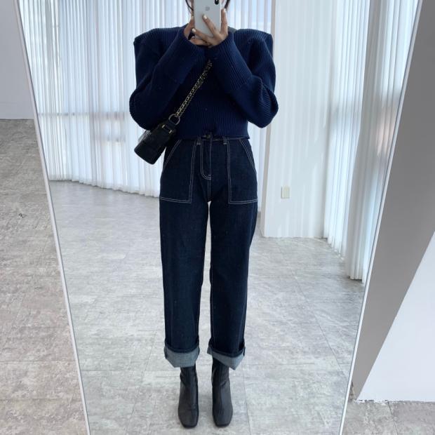 Autumn And Winter Simplicity Bright Line High Waist Slimming Double Pocket One Button Wide Leg Design Jeans Trousers For Women