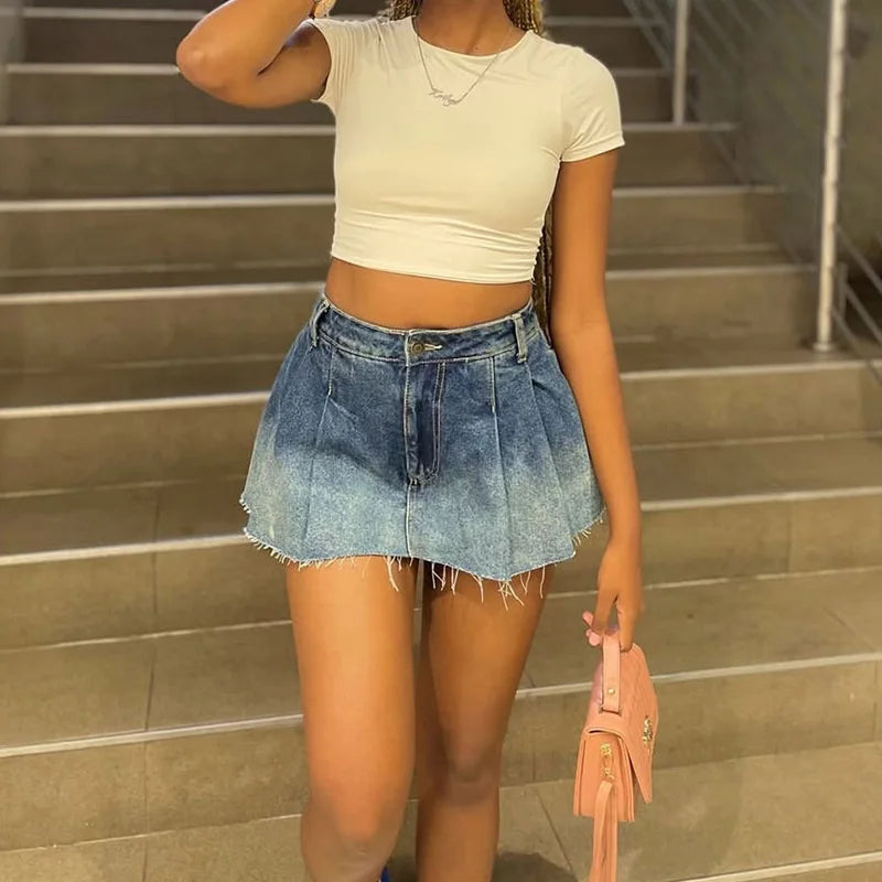 Benuynffy Y2k Streetwear Raw Hem Pleated Denim Skirt Women's Summer Retro Fashion High Waisted Harajuku A-Line Mini Skirts 2025