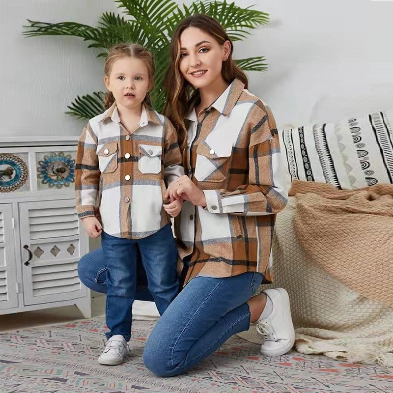 Casual Flannel Parent-Child Check Lapel Jacket