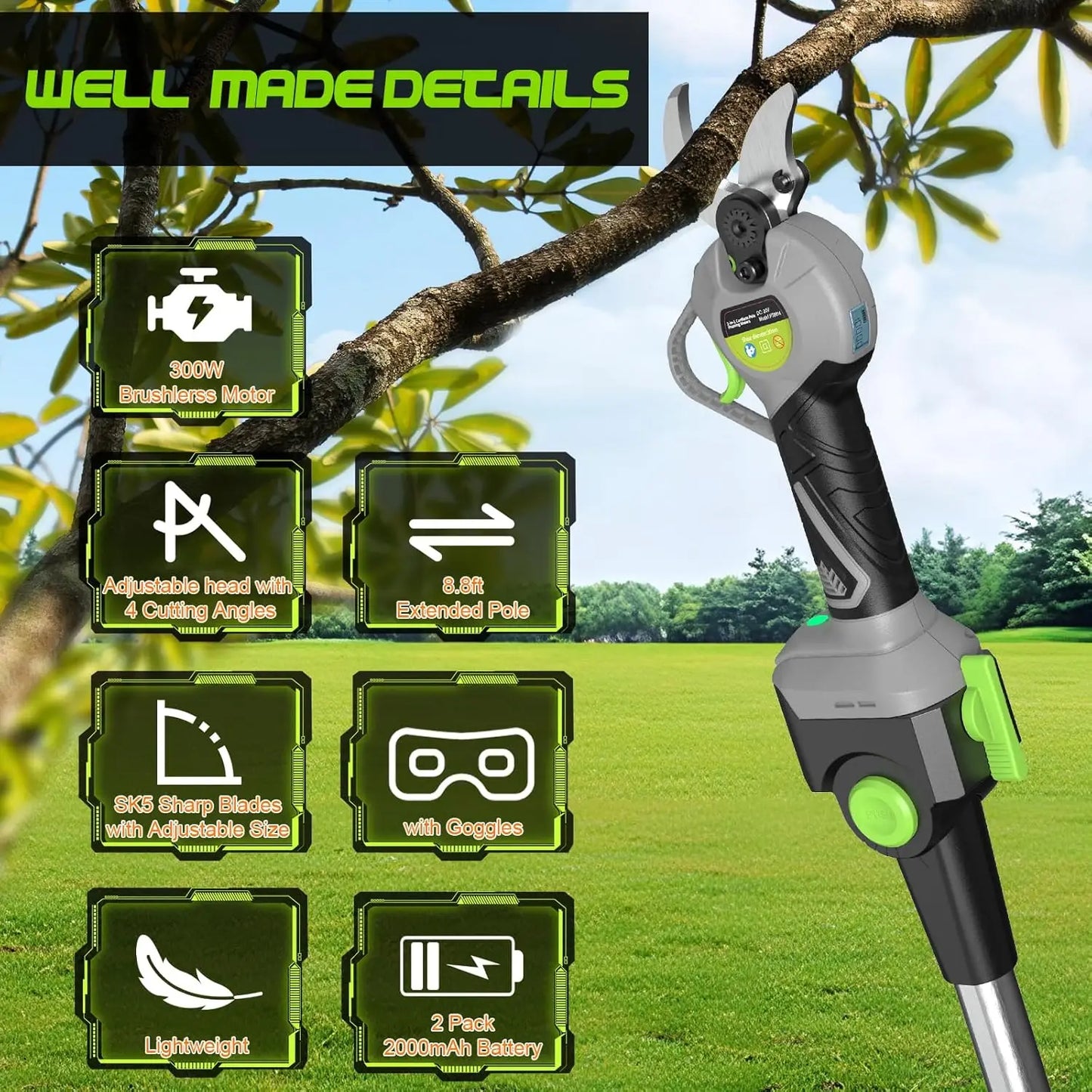 2 In 1 Pole Pruning Shears Cordless (2025 Upgraded), Electric Pruning Shears with LCD Display,1.5-2 Inch Cutting Diameter Pole P