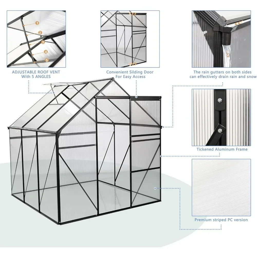 6x6 FT Polycarbonate Greenhouse with Aluminum Frame, Raised Base and Roof Vent,Walk-in Greenhouses for Patio Garden, Greenhouses
