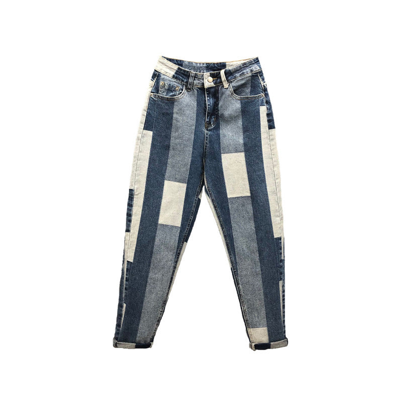 Contrasting Stitching Jeans Women Loose Spring New Ab Face Geometric Harem Pants Old Pants