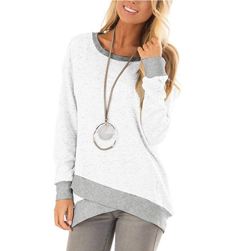 European And American Foreign Trade New Hot Style Wish AliExpress Amazon Hot Sale Round Neck Irregular Stitching Long-Sleeved Top