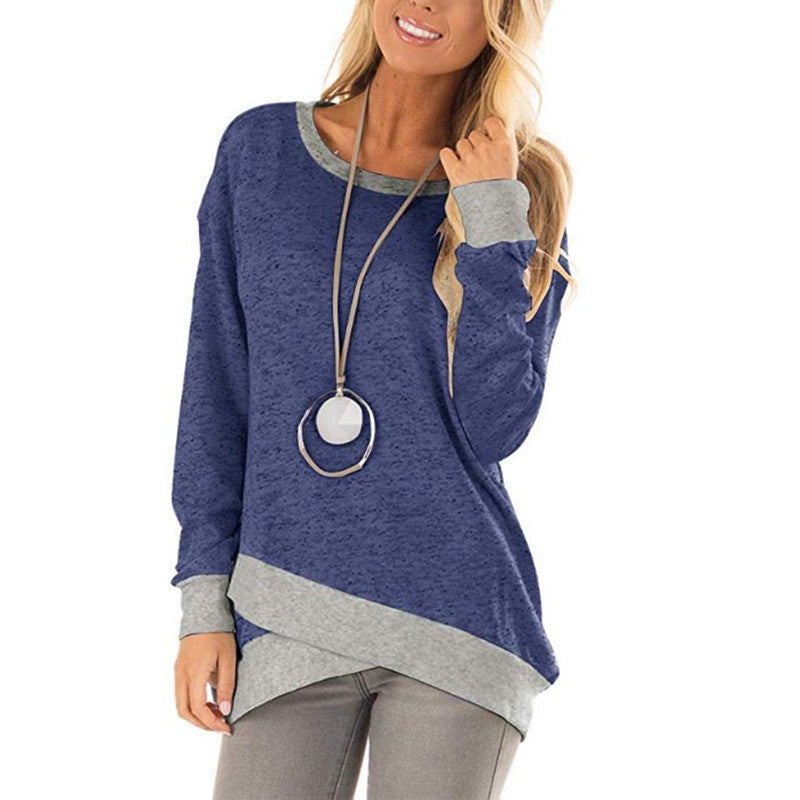 European And American Foreign Trade New Hot Style Wish AliExpress Amazon Hot Sale Round Neck Irregular Stitching Long-Sleeved Top
