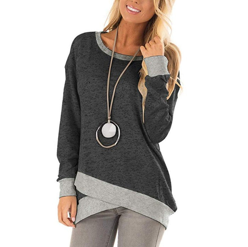 European And American Foreign Trade New Hot Style Wish AliExpress Amazon Hot Sale Round Neck Irregular Stitching Long-Sleeved Top