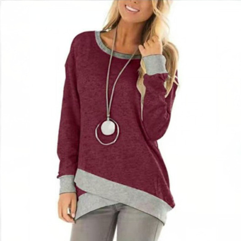 European And American Foreign Trade New Hot Style Wish AliExpress Amazon Hot Sale Round Neck Irregular Stitching Long-Sleeved Top