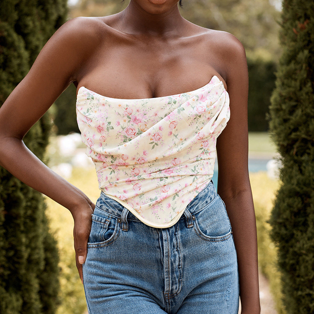 European And American Cross Border Amazon Popular Women'S Fashion New Print Off Shoulder Bra Short Jacket Vest