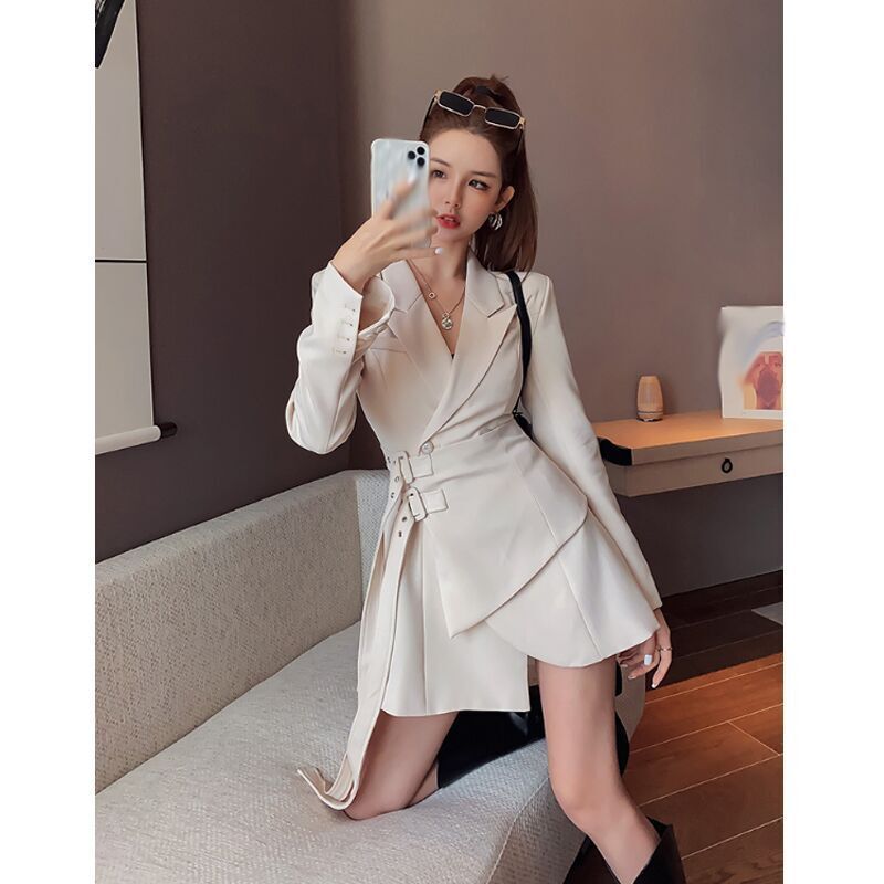 Blazer Dress Women Mini Dress Female One-piece Dress Sashes Long Sleeve