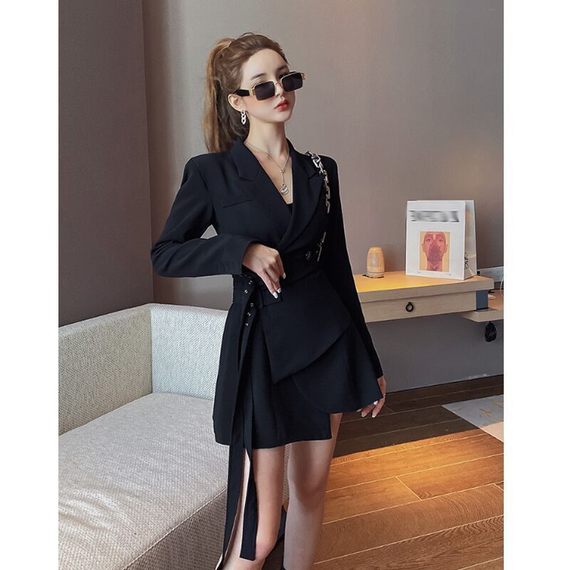 Blazer Dress Women Mini Dress Female One-piece Dress Sashes Long Sleeve