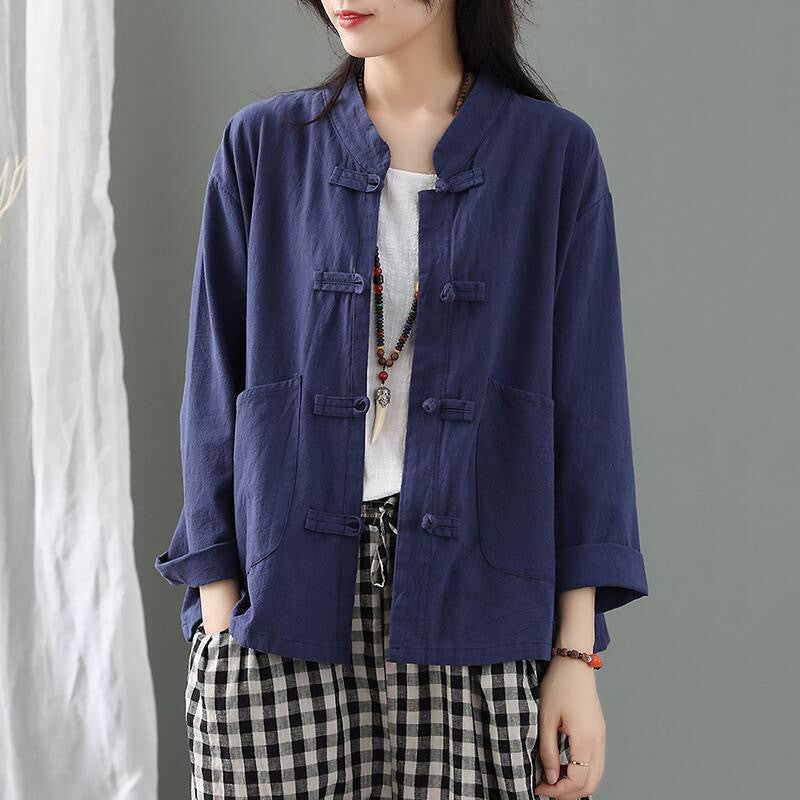 Casual Retro Buttoned Cotton And Linen Cardigan Shirt Jacket