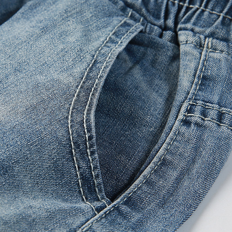 Elastic Waist Embroidery Cropped Jeans Women Summer Thin Section