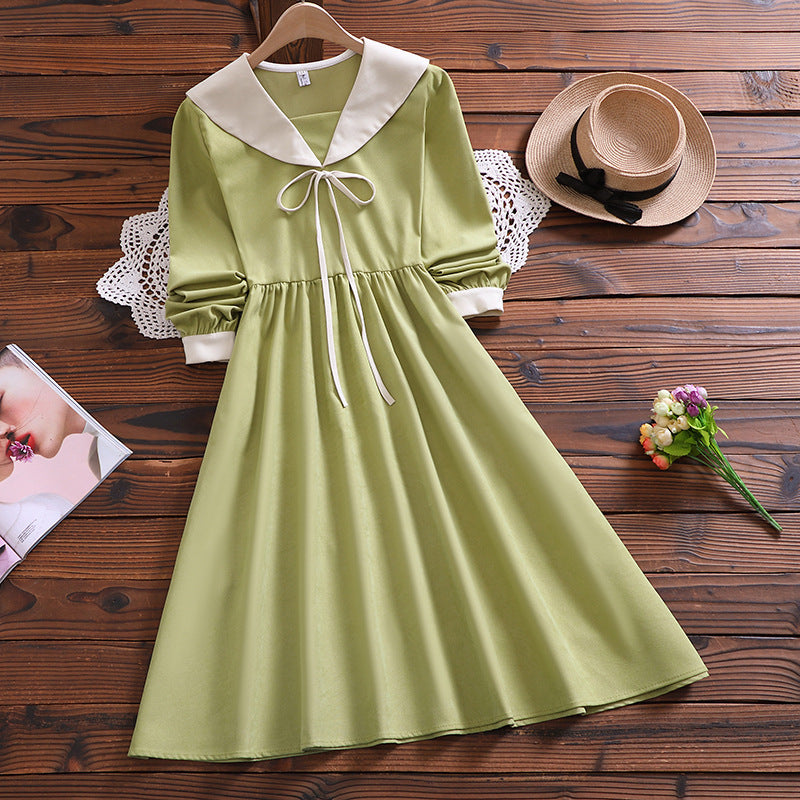 Dress Navy Collar Loose Long Sleeve Dress Women
