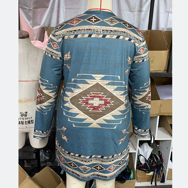 Cardigan Women's Geometric Print Ethnic Coat