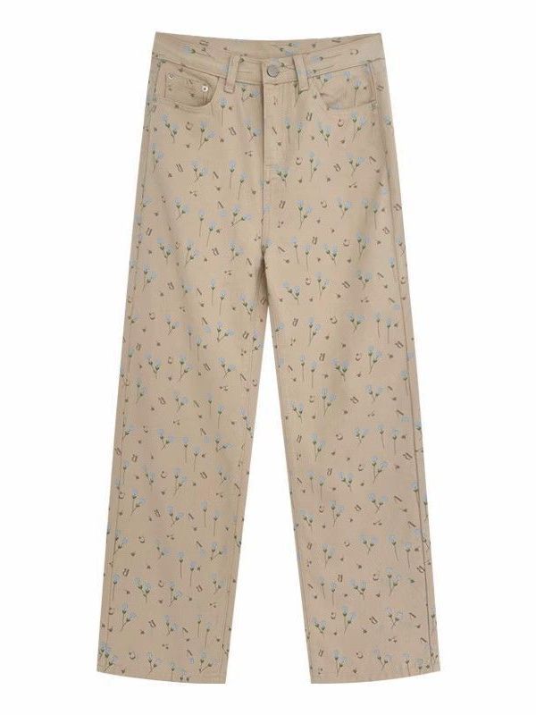 Apricot Floral Jeans Women Loose Wide-leg Straight Trousers
