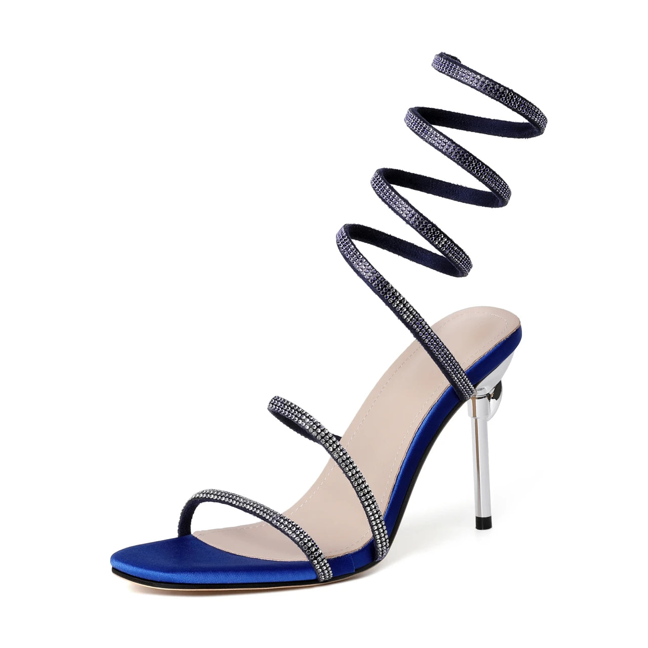 Ankle-Wrapped Two-Strap Stiletto Heel with Rhinestones and Snake-Shaped Open-Toe Sandals for Women