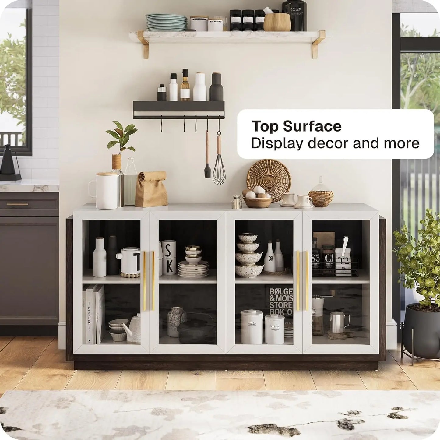Belleze Sideboard Buffet Cabinet, Modern Wood Glass-Buffet-Sideboard With Storage, Console Table For Kitchen, Dining Room,