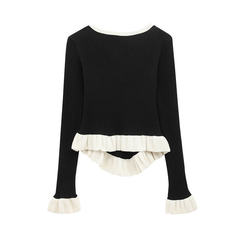 Fashion European And American Style Laminated Decoration V-neck Long-sleeve Knitwear