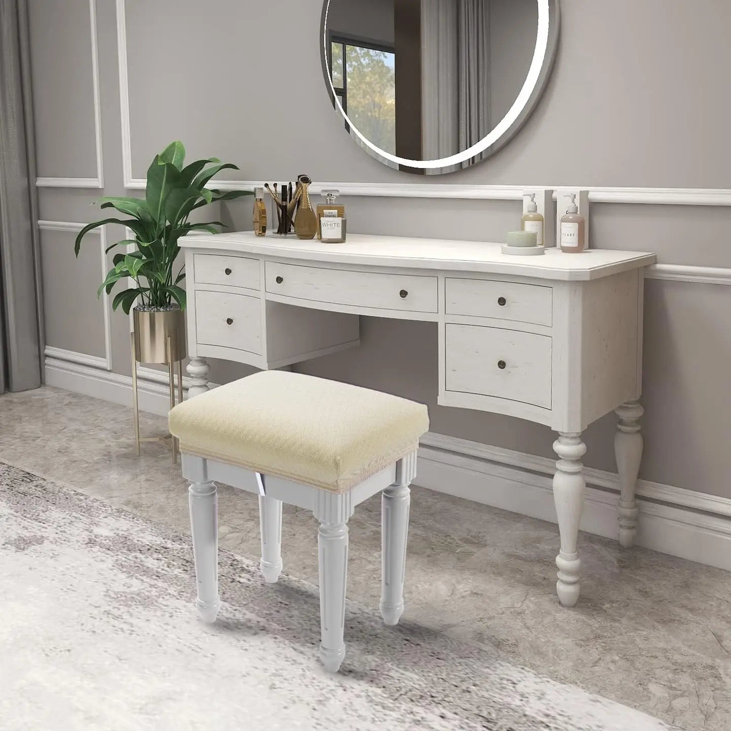 Buyue 4 Pcs Vanity Stool Bench Covers, Luxury Crease-Resistant Jacquard Fabric Saddle Bar Stool Slipcovers Stretch Washable,