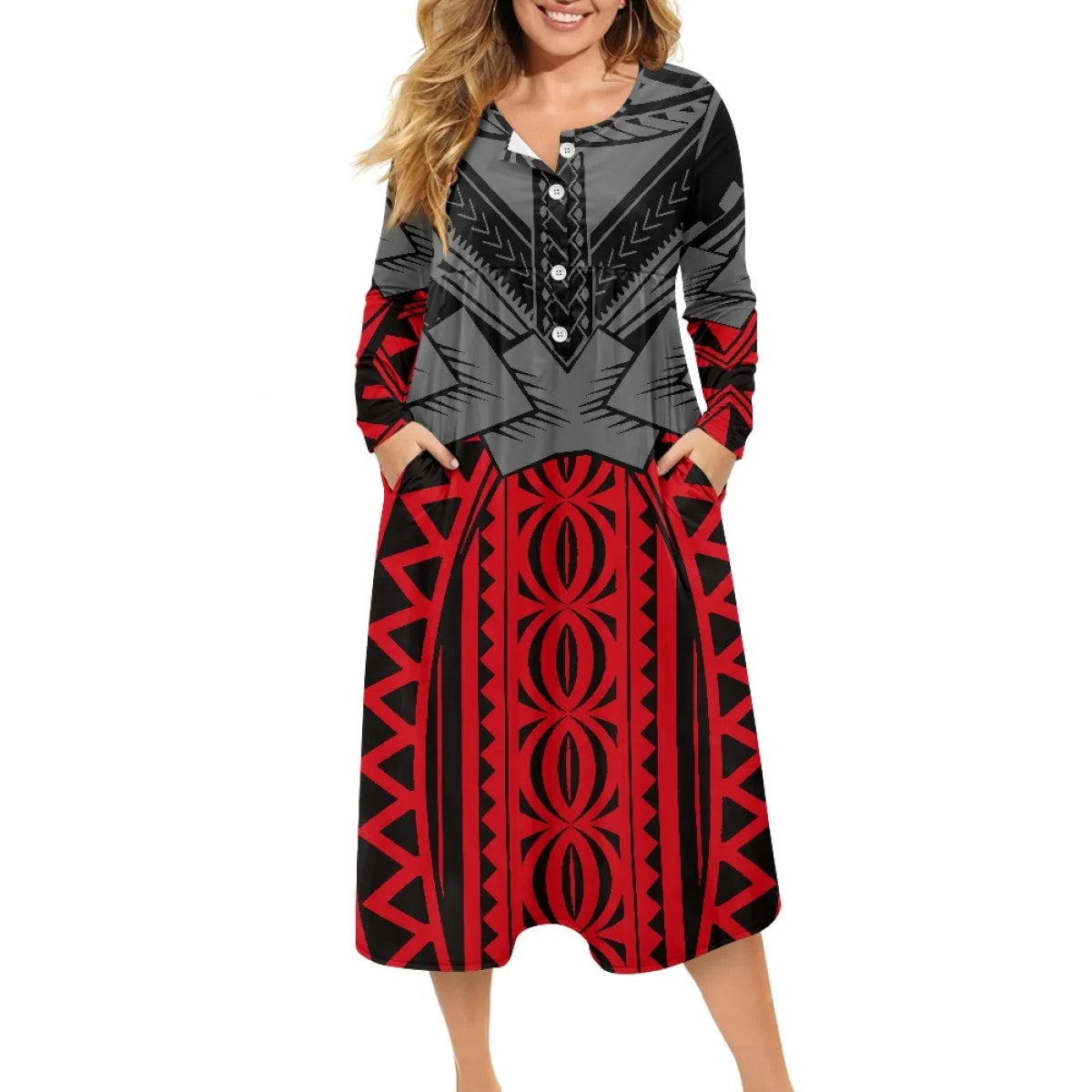 Clothing Women High Quality Polynesian Marquesan Cross Dress Loose Plus Size Ladies V Neck Button Dress Printed On Demand