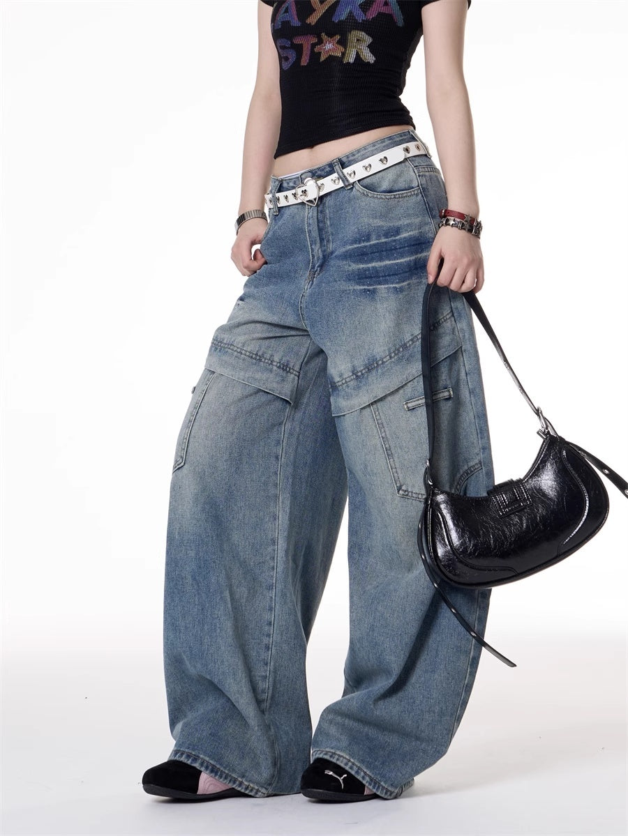 American Retro Hot Girl Style Multi-pocket Deconstructive Design Jeans