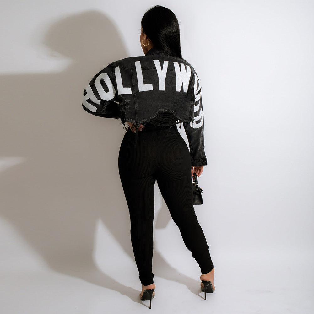Fashion Hot Retro Everything With Personality Raw Edge Jacket Hot Painted Coat