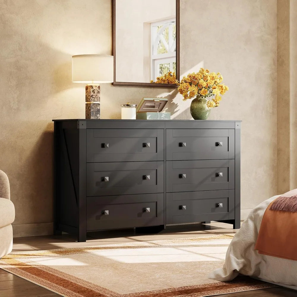 Farmhouse Black Dresser for Bedroom, 53.07'' Wide 6 Drawer Wood Dresser, Chest of Drawers with Double Rustic Handle,