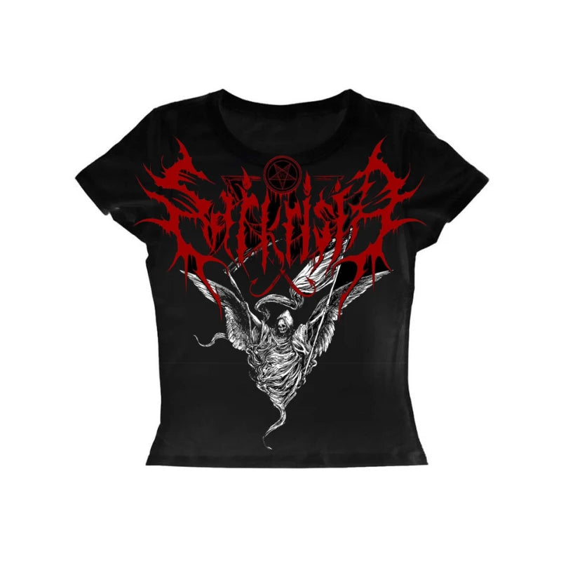 European and American trendy street style American Harajuku style printed Gothic top solid color dark retro loose T-shirt for bo