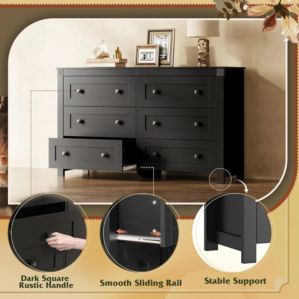 Farmhouse Black Dresser for Bedroom, 53.07'' Wide 6 Drawer Wood Dresser, Chest of Drawers with Double Rustic Handle,