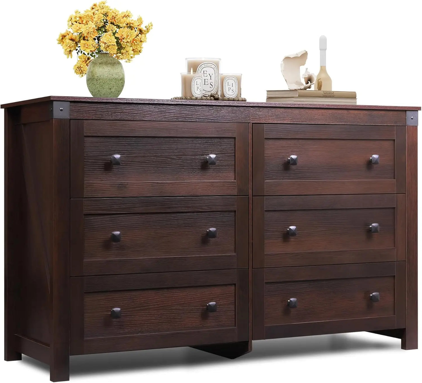 Farmhouse Black Dresser for Bedroom, 53.07'' Wide 6 Drawer Wood Dresser, Chest of Drawers with Double Rustic Handle,
