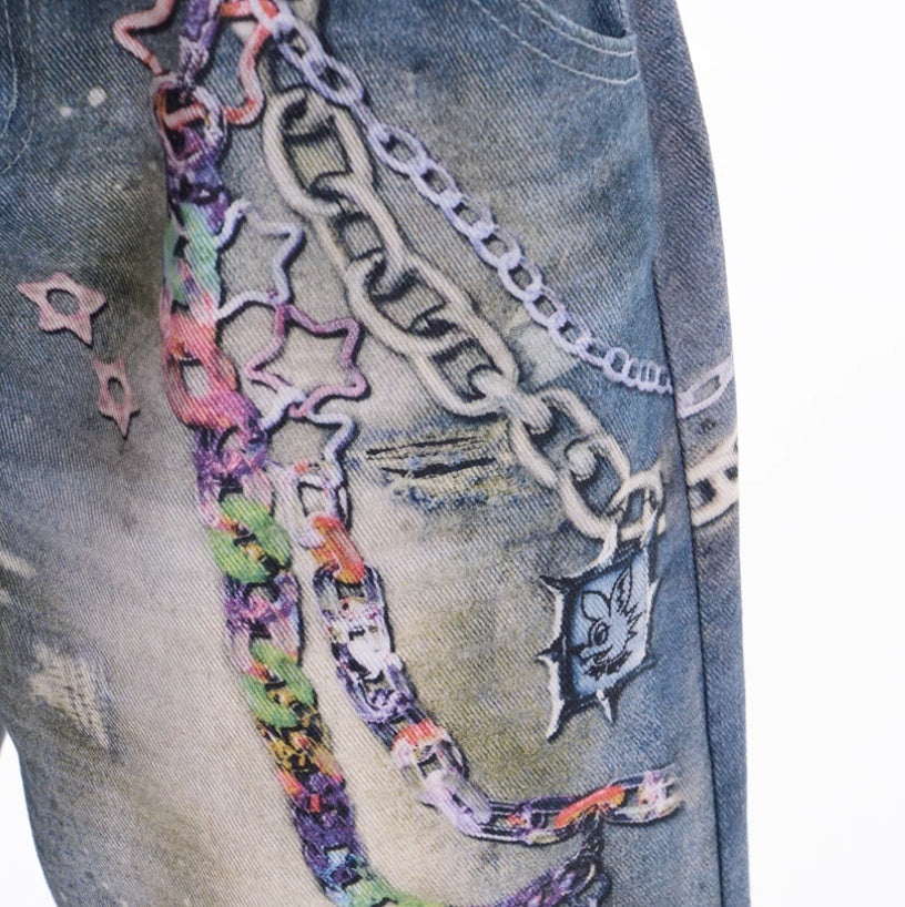 American Retro Cartoon Chain Printed Jeans