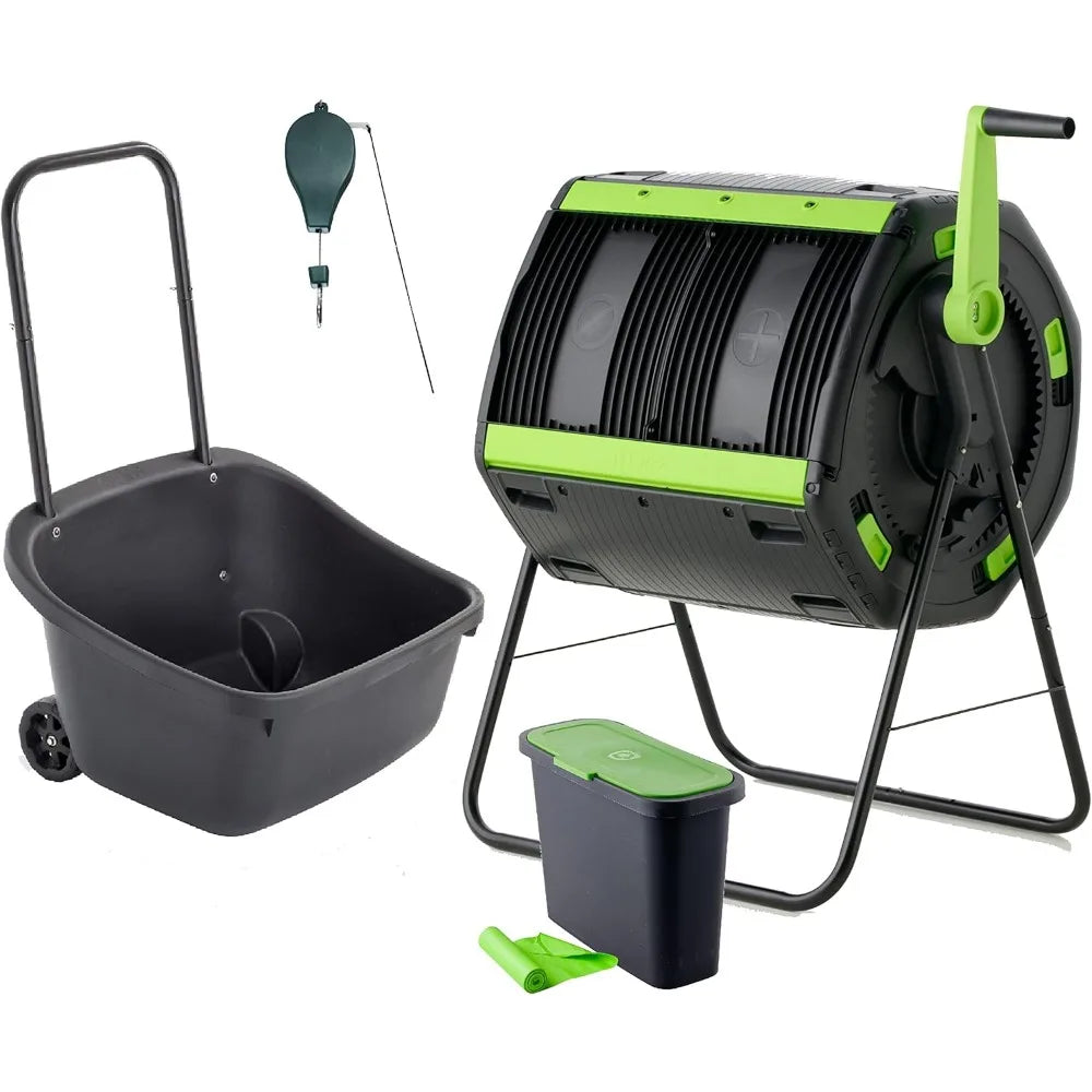 Exclusive Combo - 48 Gallon Compost Tumbler with Compost Cart, 9 Liter Compost bin, 3 Rolls of Corn Bags and Plant Caddy