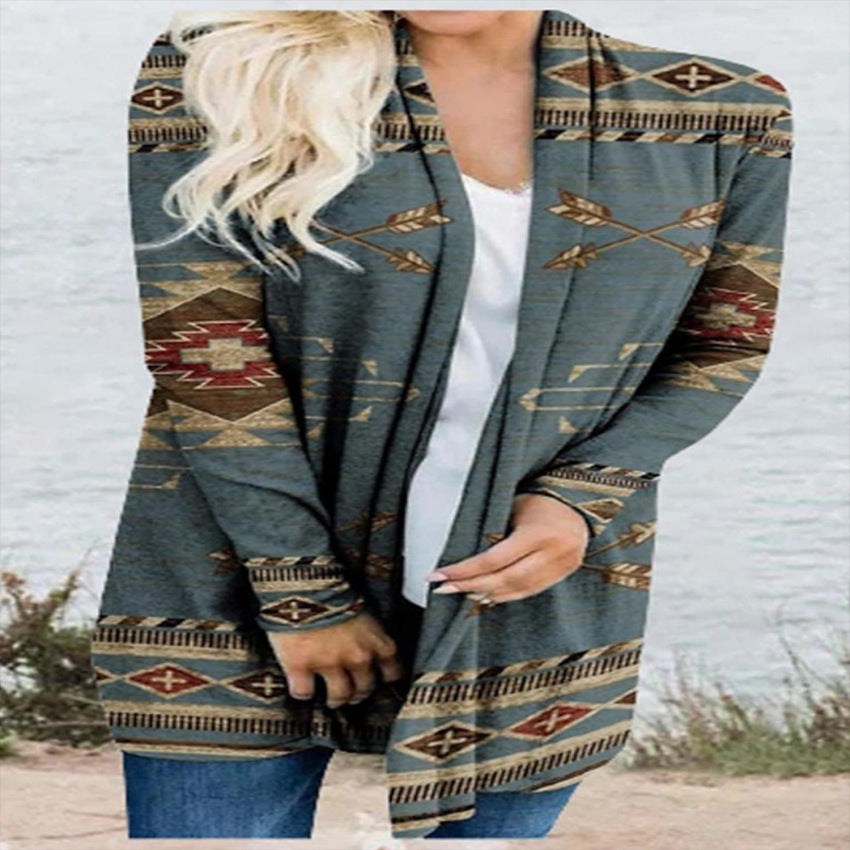 Cardigan Women's Geometric Print Ethnic Coat