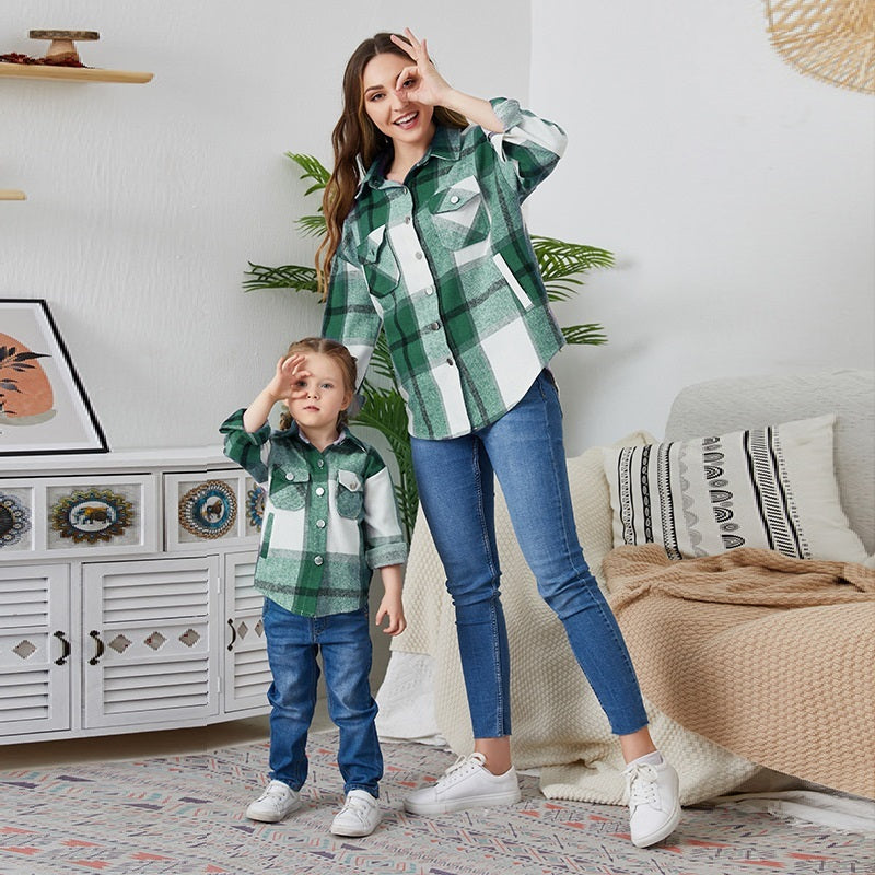 Casual Flannel Parent-Child Check Lapel Jacket
