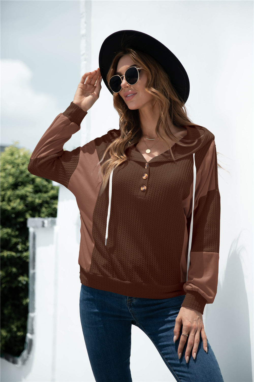 Autumn And Winter Hooded Color-blocking Button Long-sleeved Top