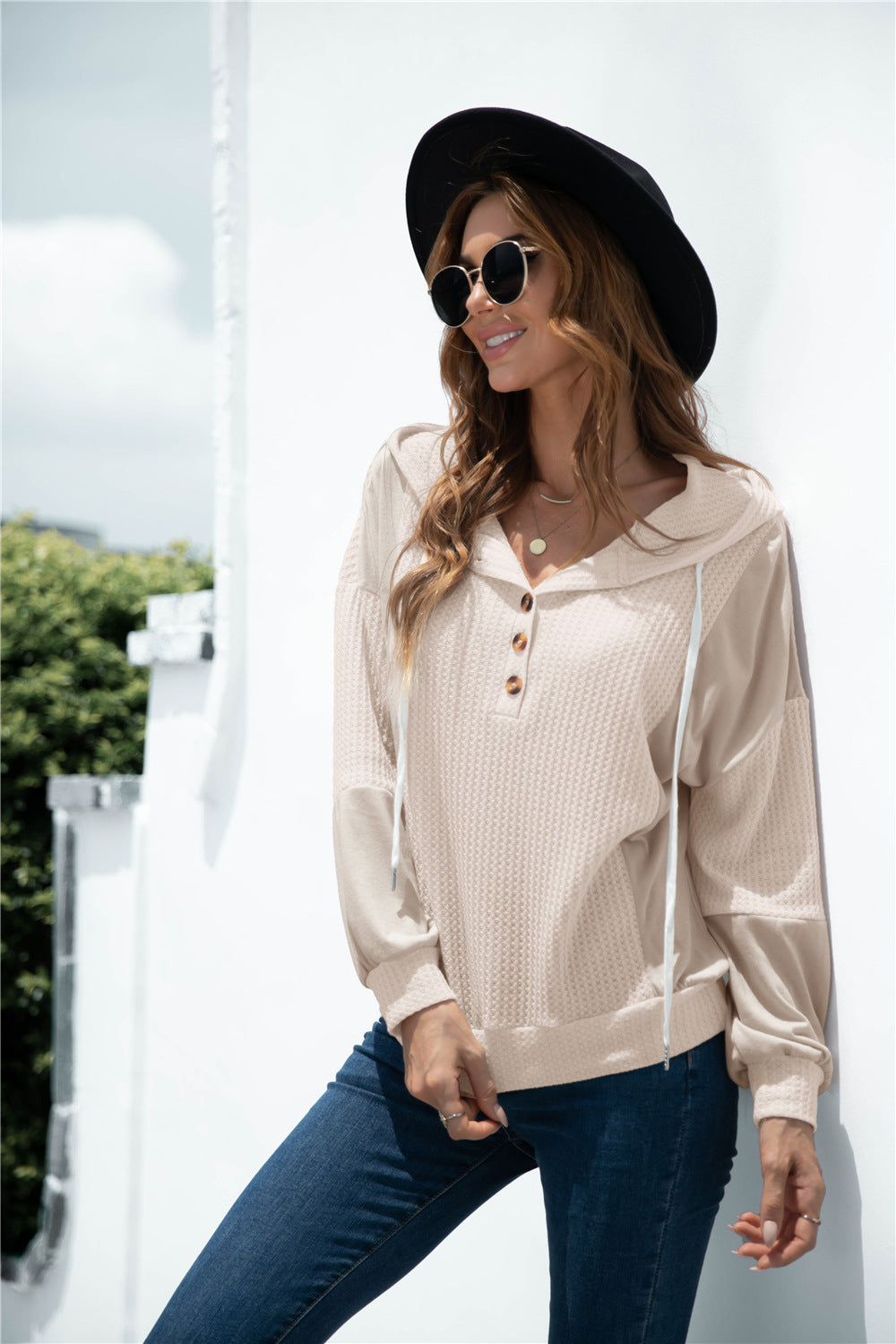 Autumn And Winter Hooded Color-blocking Button Long-sleeved Top