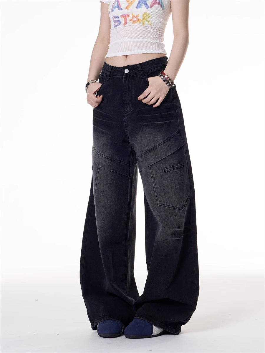 American Retro Hot Girl Style Multi-pocket Deconstructive Design Jeans