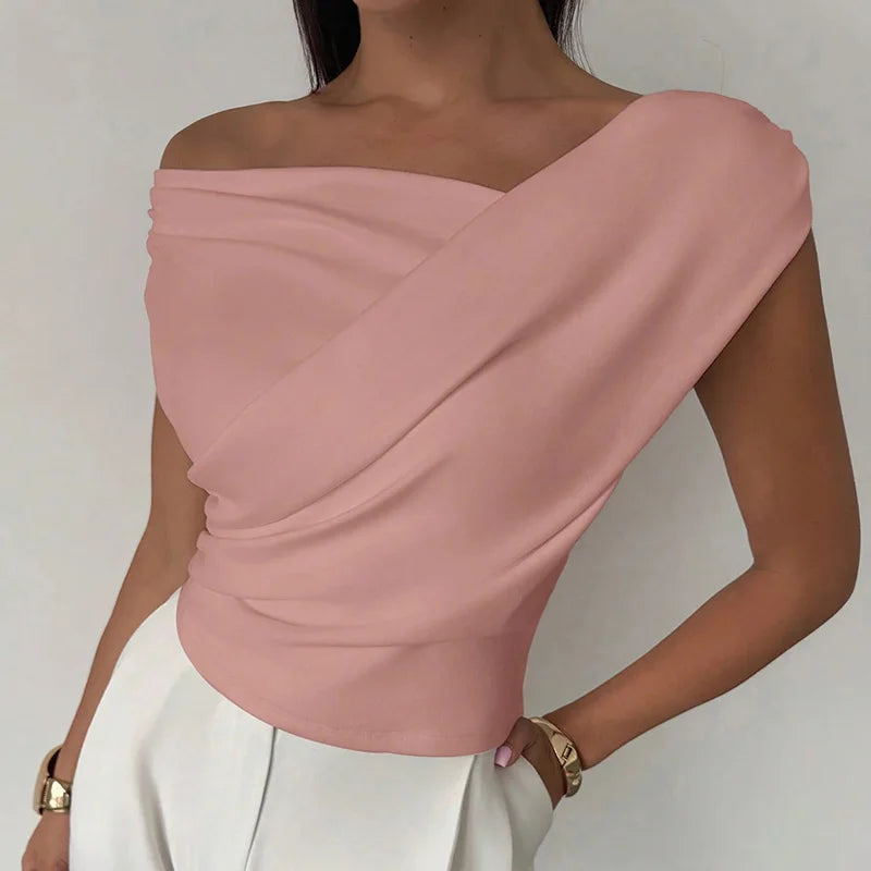 Fashion Asymmetric Slash Collar Short Tops Casual Sleeveless Pleated Commute Shirts Elegant Solid Color Slim Simple Women's Tops