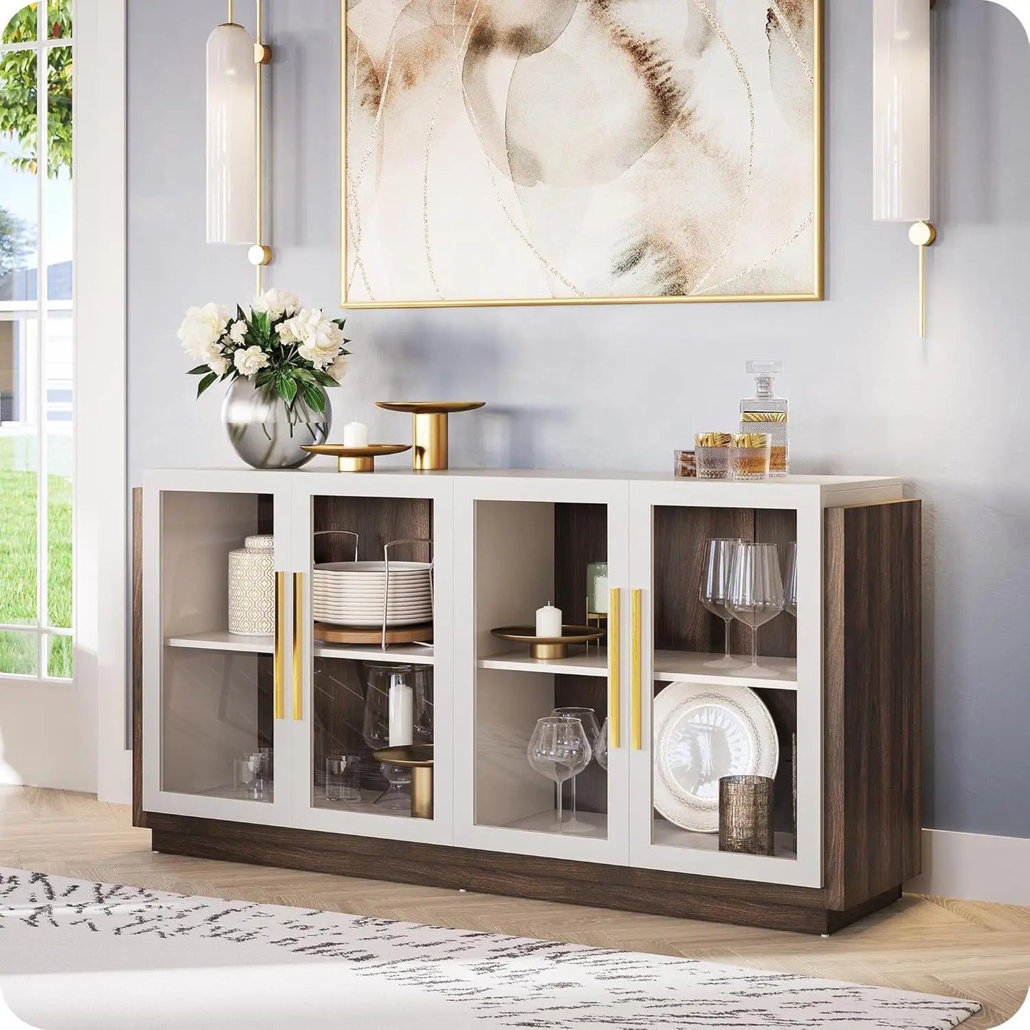 Belleze Sideboard Buffet Cabinet, Modern Wood Glass-Buffet-Sideboard With Storage, Console Table For Kitchen, Dining Room,
