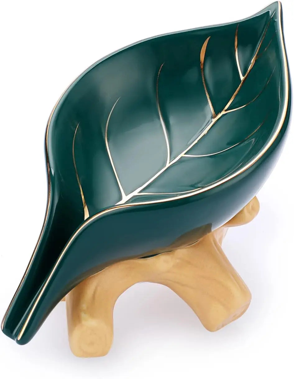 Ceramic Soap Dish Holder Self Draining, Unique Waterfall Soap Dish Leaf Shape Decorative Soap Dish Tray Tabletop Drainable Soap