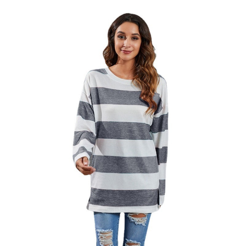 European And American Round Neck Multi-color Stripe Sweater