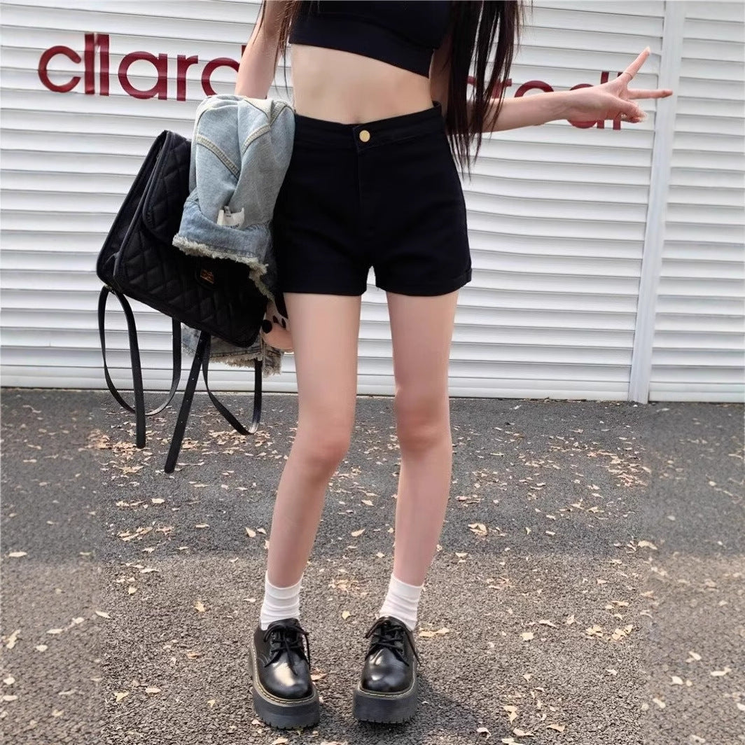 Black Denim Shorts High Waist Slimming Hot Pants