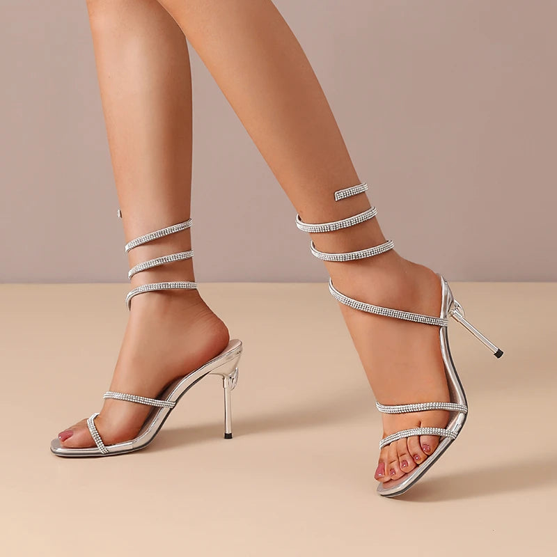 Ankle-Wrapped Two-Strap Stiletto Heel with Rhinestones and Snake-Shaped Open-Toe Sandals for Women