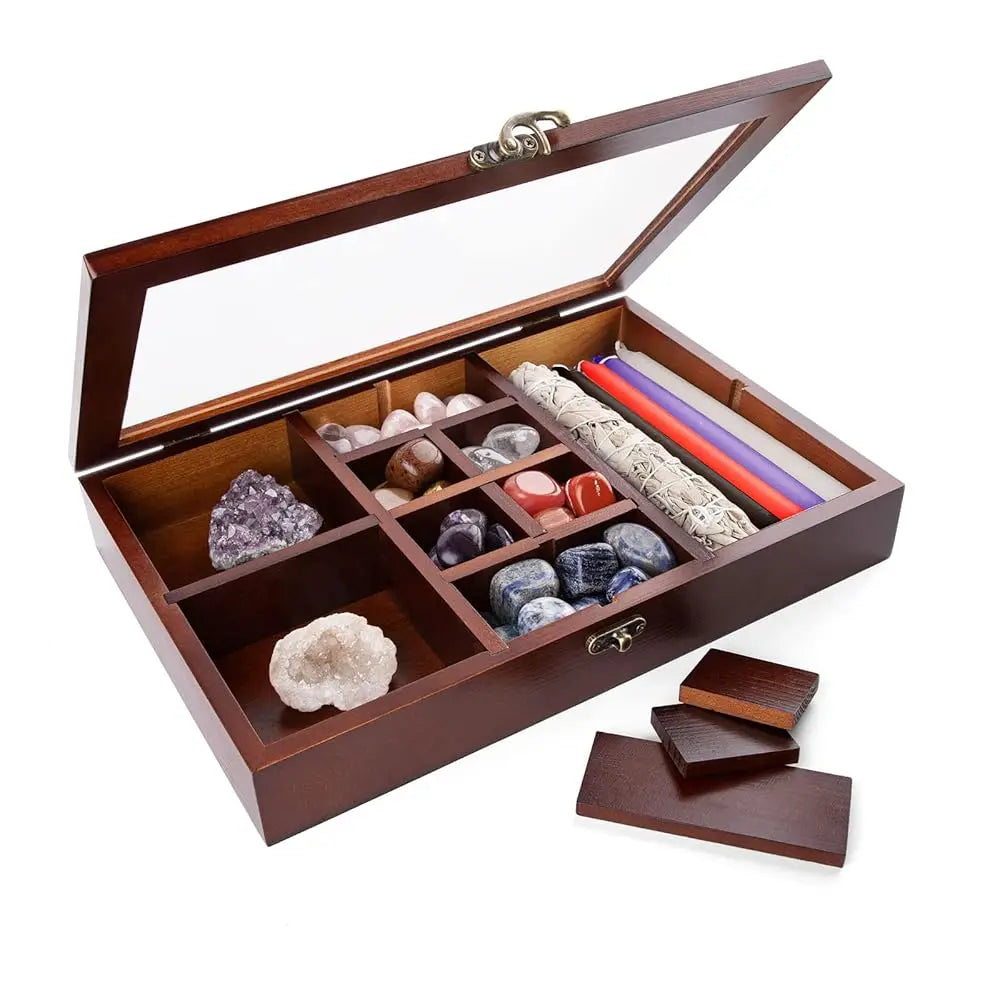Adjustable Ro Display Case, Crystal Collection Box With Shelves, Wood Witchy Stones Organizer Storage,Gem Holder With Lid For